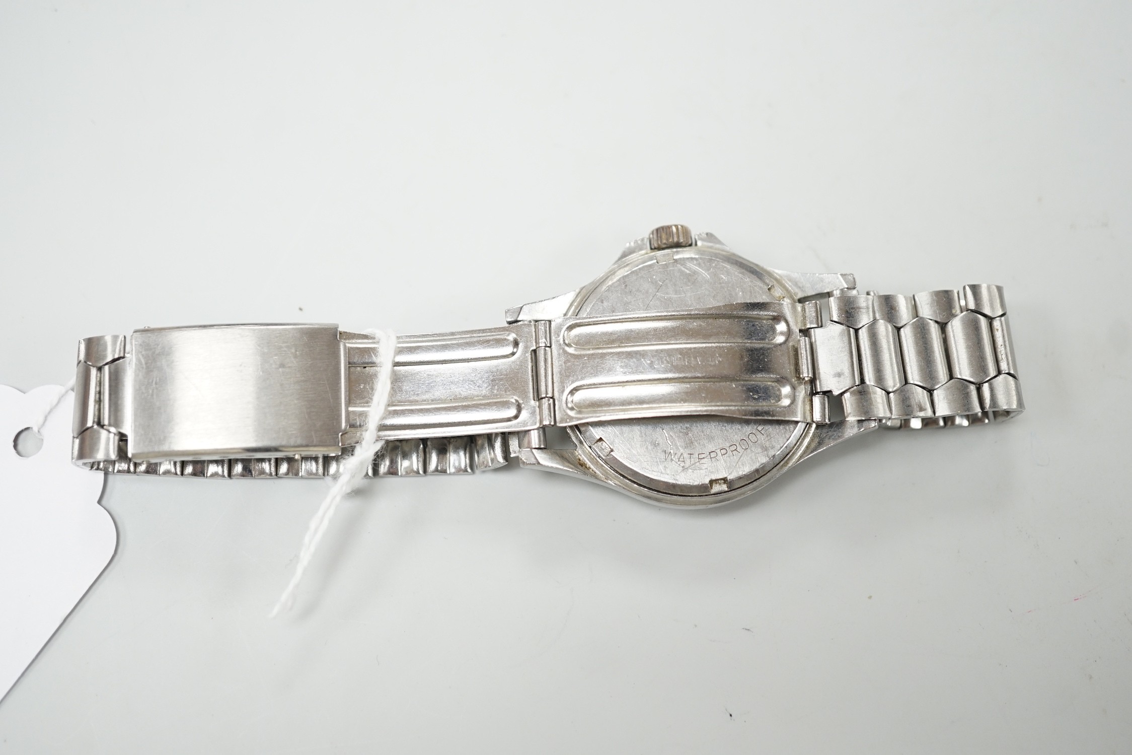 A gentleman's late 1960's stainless steel Omega manual wind wrist watch, movement c.601, case diameter 35mm, with orange sweep seconds, on associated steel bracelet.